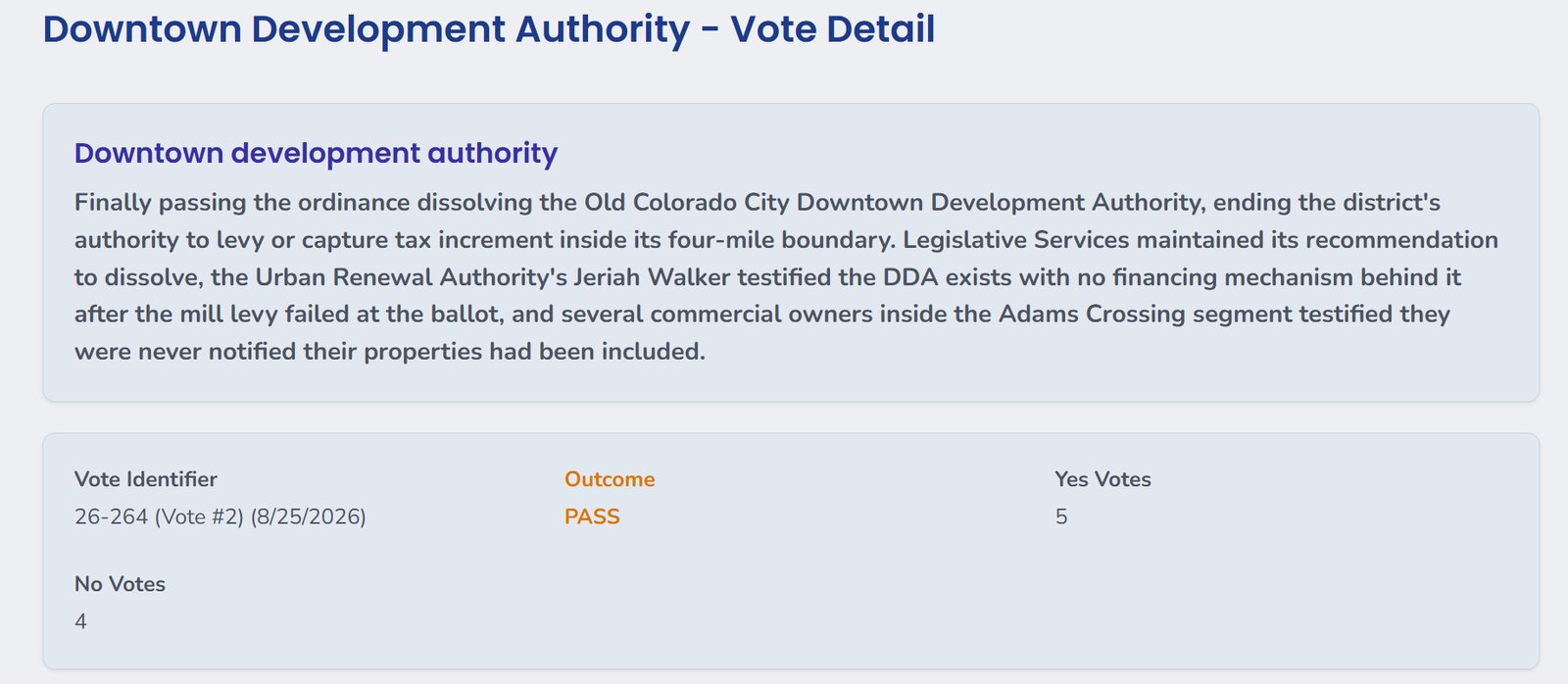 CouncilWatch vote detail page: an AI-drafted summary of a city council vote, with the vote identifier, outcome, and tally